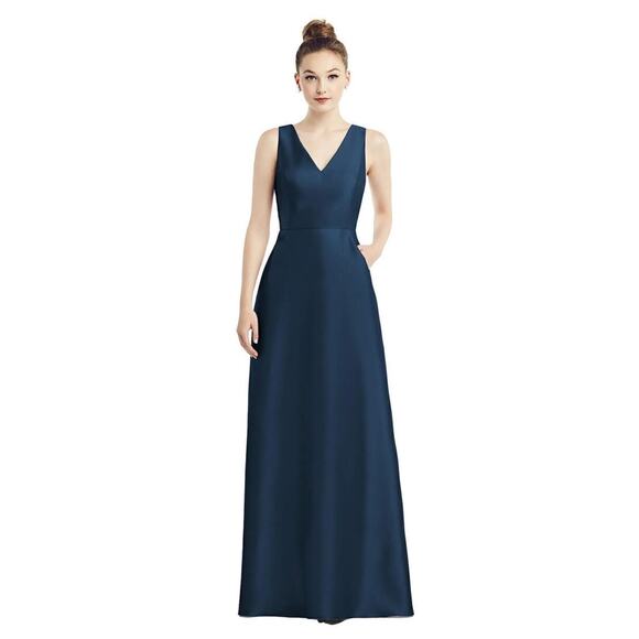 Alfred Sung NWT Gown Maxi Dress Sz 16 Satin V-Neck Pockets D778 Midnight Blue - Picture 1 of 12